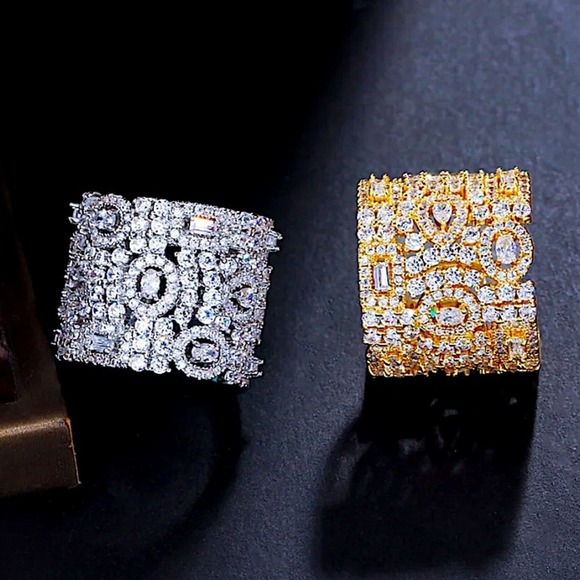 White Gold Plated Zircon Ring, Adjustable, Wide Band, Statement Jewelry - Picture 5 of 8